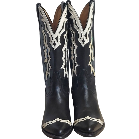 Boulet Black White Leather Glitter Overlays Pointed Toe Western Boots Women's - Picture 2 of 16